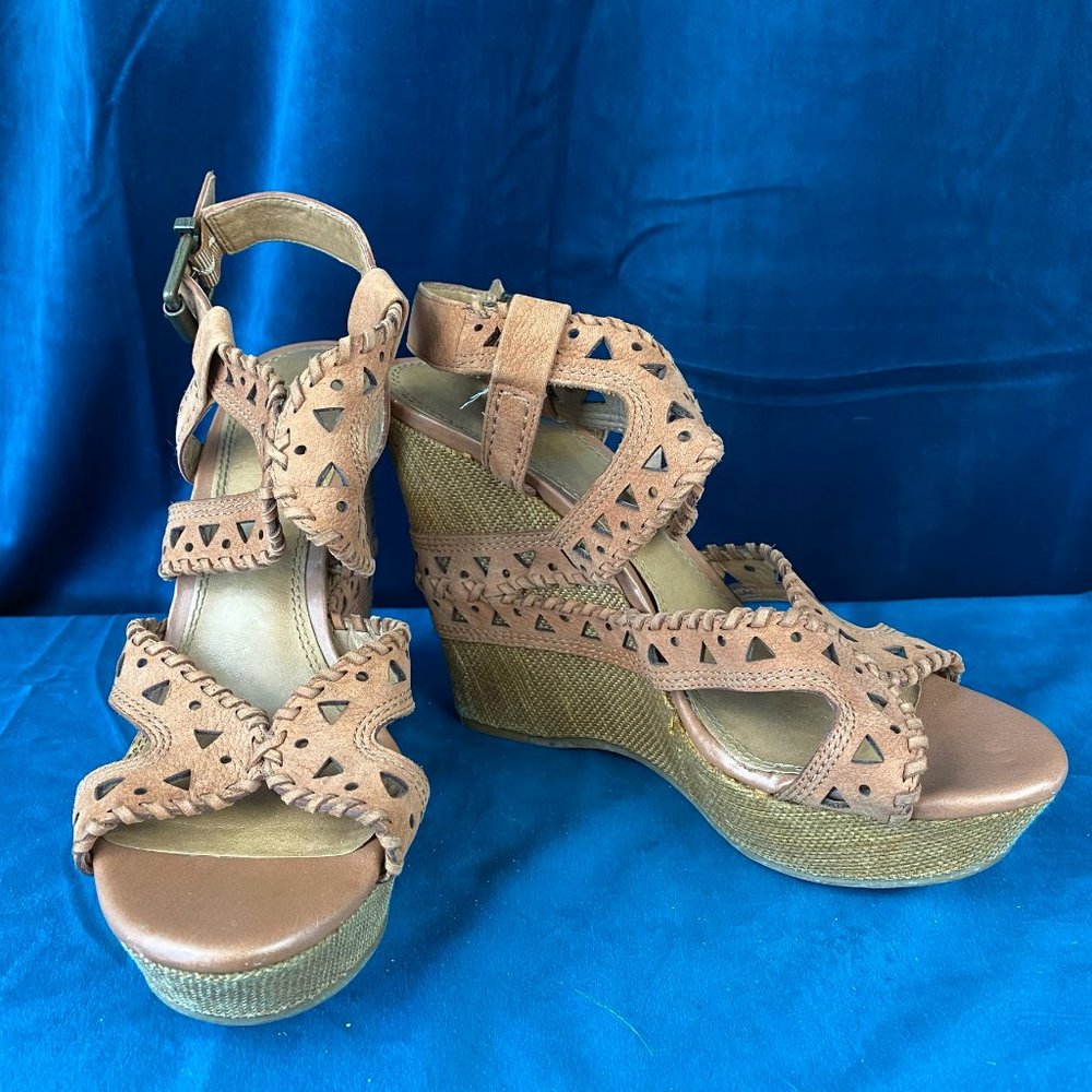 Gianni Bini Leather Cutout Wedge Sandal Brown - Picture 4 of 9